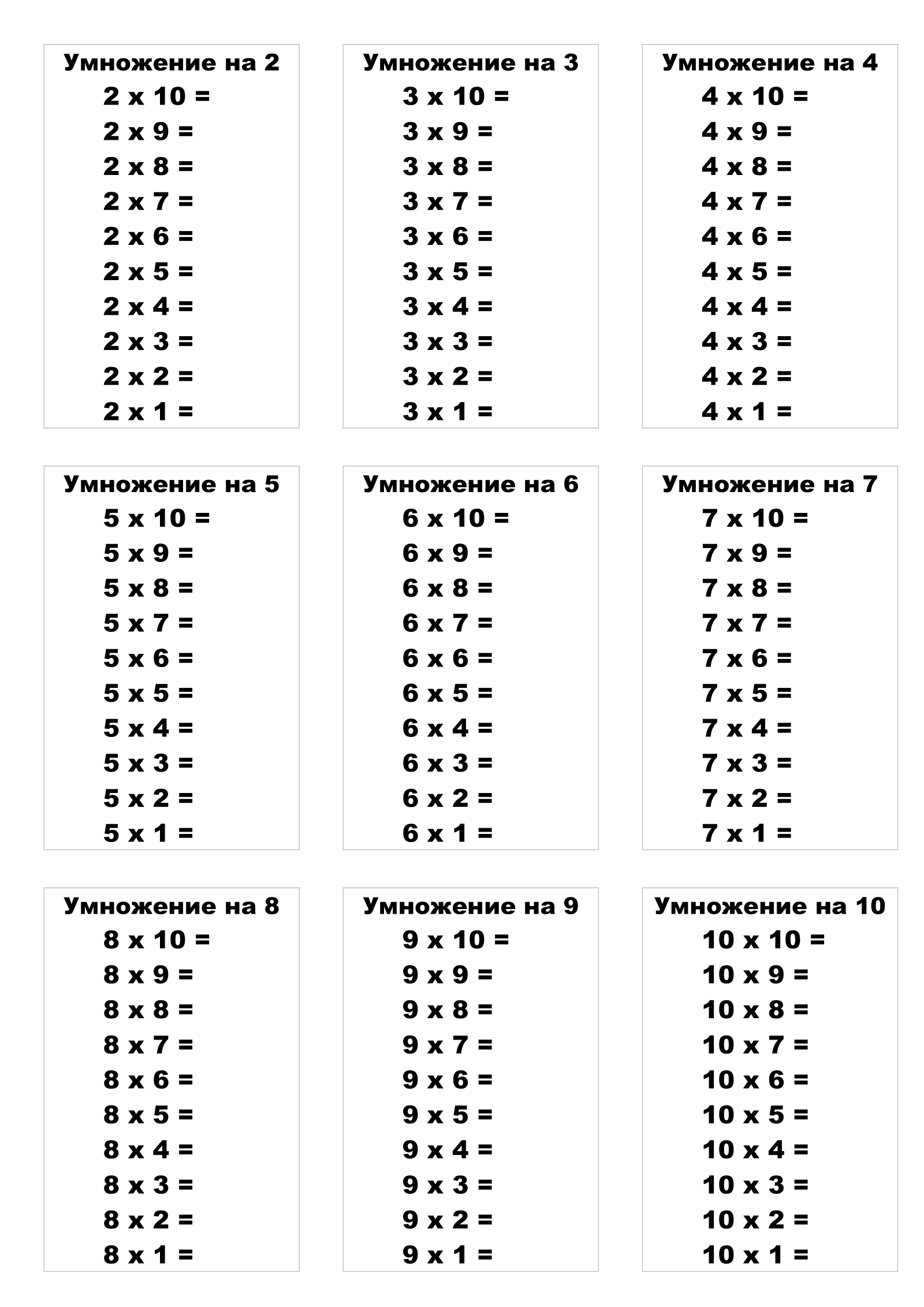 Multiplication Table Without Answers in Descending Order. Print